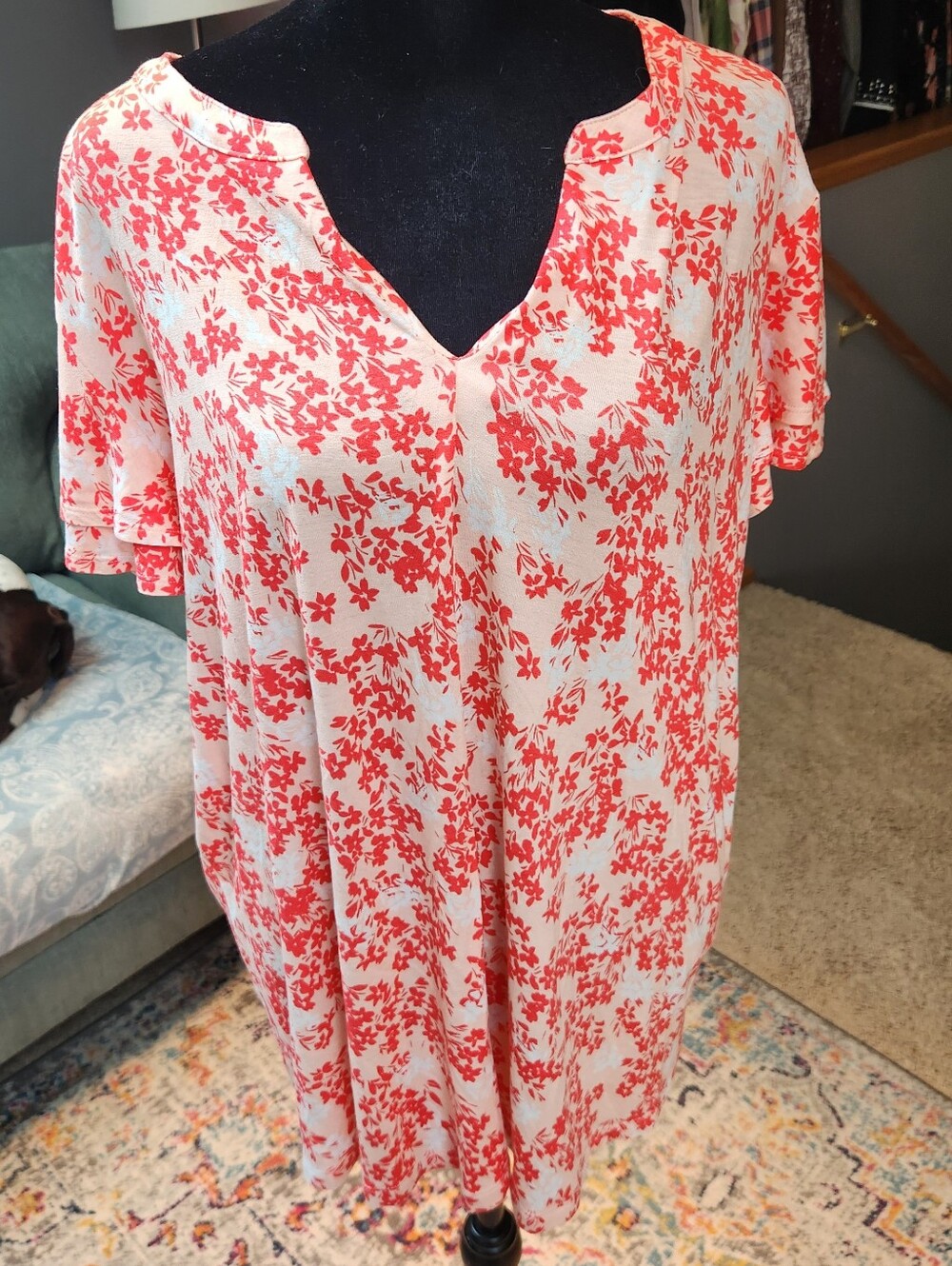 Liz Claiborne White & Coral Floral Knit Top Split Neck XXL Like New